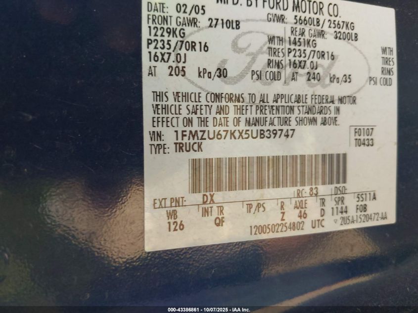 2005 Ford Explorer Sport Trac Adrenalin/Xls/Xlt VIN: 1FMZU67KX5UB39747 Lot: 43386861