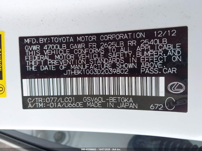 2013 Lexus Es 350 VIN: JTHBK1GG3D2039802 Lot: 43386862