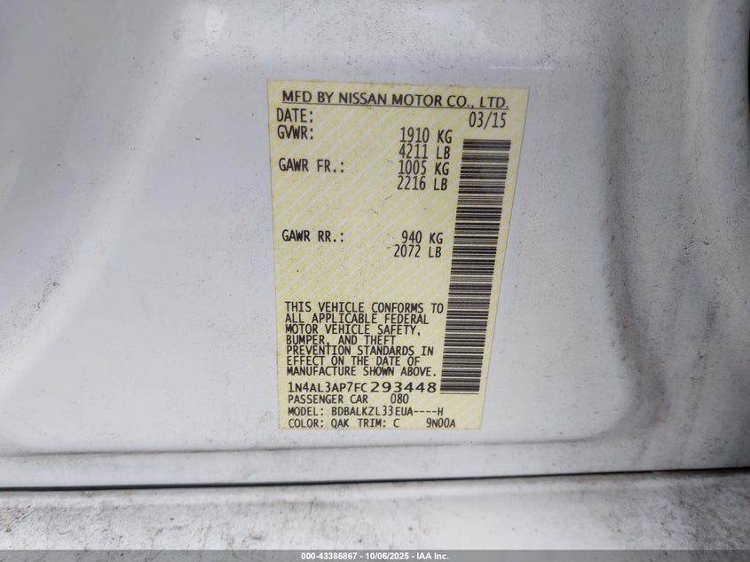 2015 Nissan Altima 2.5 Sv VIN: 1N4AL3AP7FC293448 Lot: 43386867