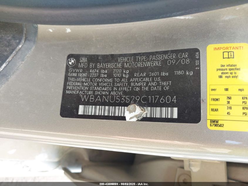 2009 BMW 528I VIN: WBANU53529C117604 Lot: 43386881