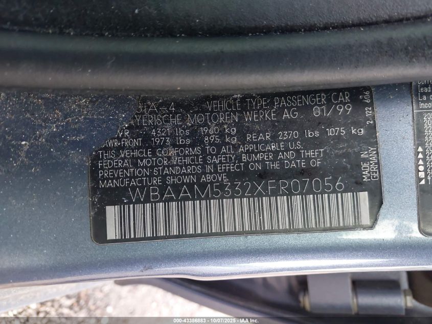 1999 BMW 328I VIN: WBAAM5332XFR07056 Lot: 43386883