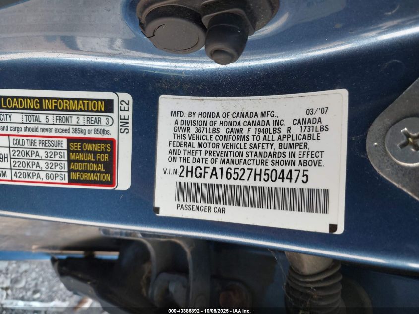 2007 Honda Civic Lx VIN: 2HGFA16527H504475 Lot: 43386892