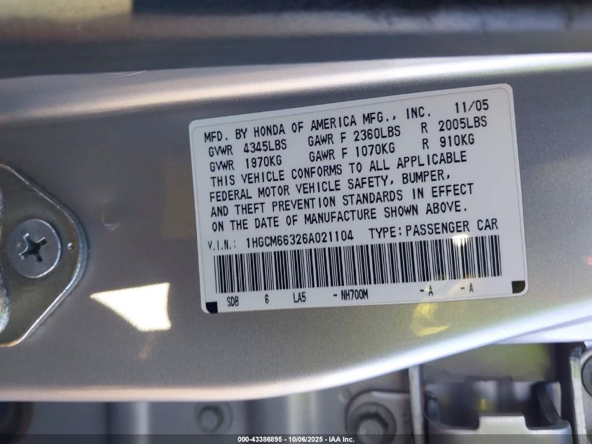 2006 Honda Accord 3.0 Lx VIN: 1HGCM66326A021104 Lot: 43386895