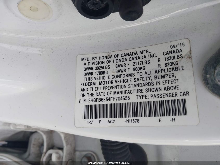 2015 Honda Civic Si VIN: 2HGFB6E54FH704655 Lot: 43386911