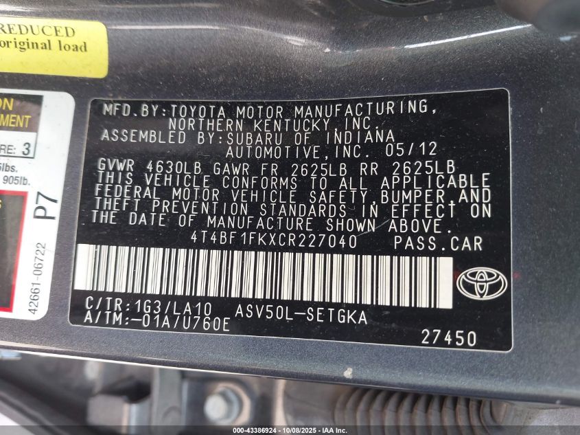 2012 Toyota Camry Xle VIN: 4T4BF1FKXCR227040 Lot: 43386924