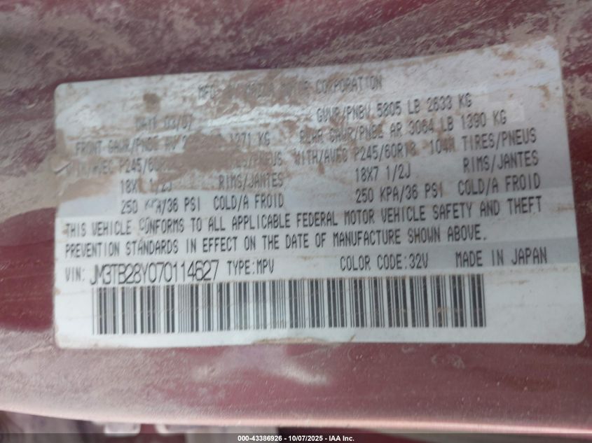 2007 Mazda Cx-9 Sport VIN: JM3TB28Y070114627 Lot: 43386926