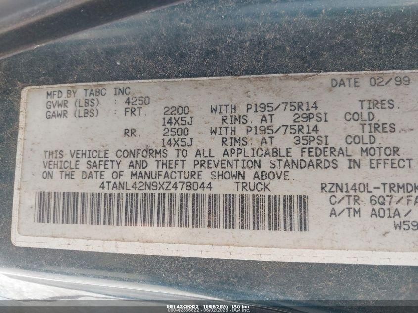 1999 Toyota Tacoma VIN: 4TANL42N9XZ478044 Lot: 43386933