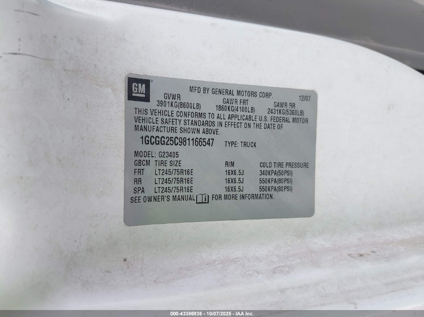 2008 Chevrolet Express Work Van VIN: 1GCGG25C981166547 Lot: 43386936