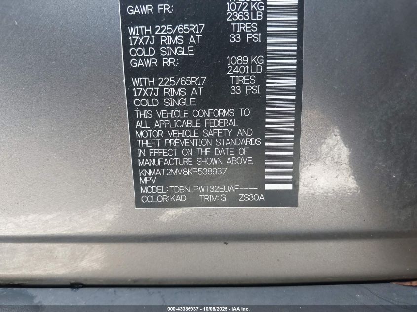 2019 Nissan Rogue S VIN: KNMAT2MV8KP538937 Lot: 43386937