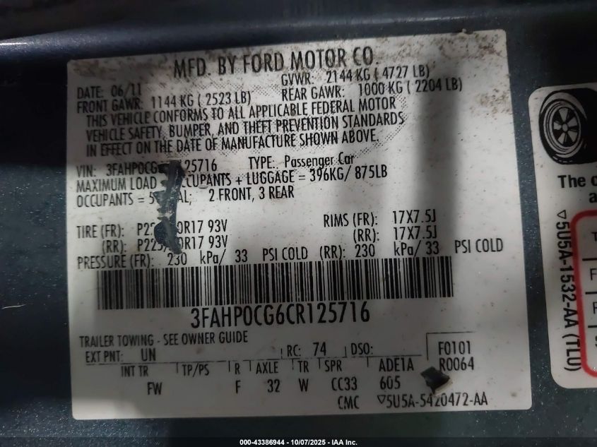 2012 Ford Fusion Sel VIN: 3FAHP0CG6CR125716 Lot: 43386944