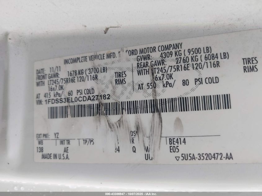 2012 Ford E-350 Super Duty Commercial VIN: 1FDSS3EL0CDA27182 Lot: 43386947