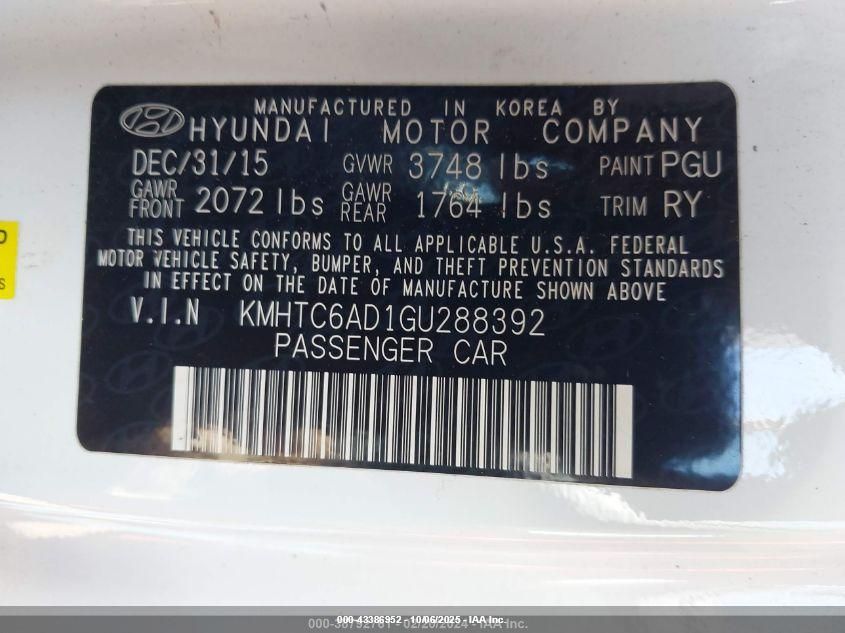 2016 Hyundai Veloster VIN: KMHTC6AD1GU288392 Lot: 43386952