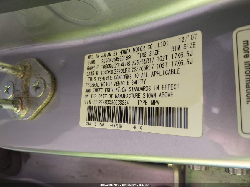 2008 Honda Cr-V Lx VIN: JHLRE483X8C038234 Lot: 43386962