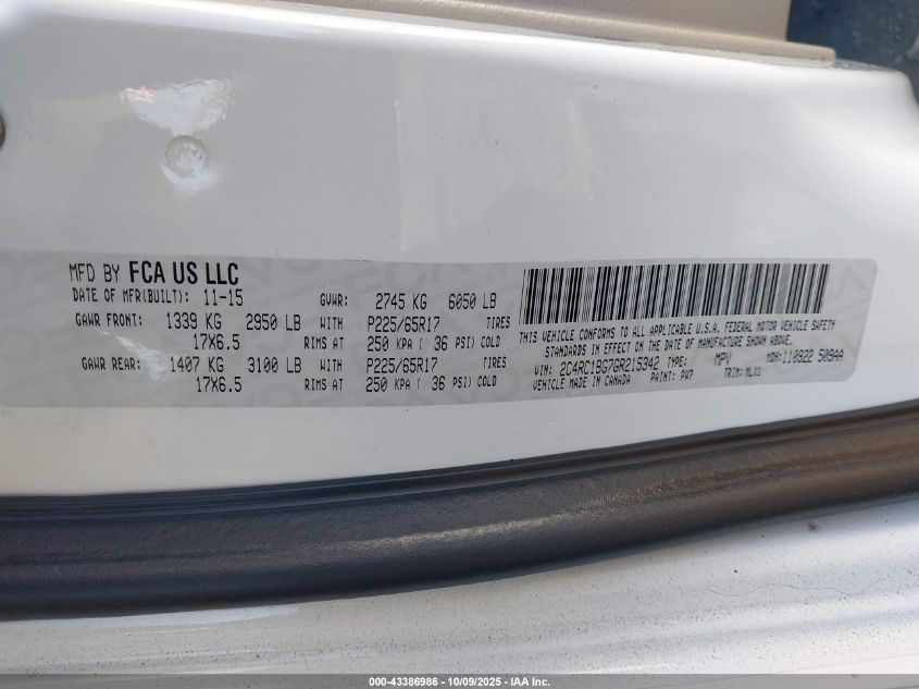 2016 Chrysler Town & Country Touring VIN: 2C4RC1BG7GR215342 Lot: 43386986