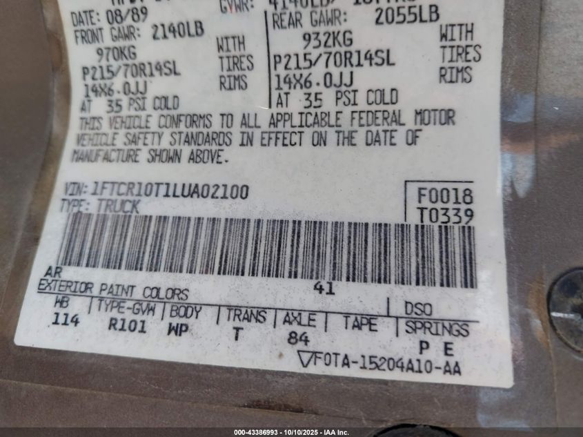 1990 Ford Ranger VIN: 1FTCR10T1LUA02100 Lot: 43386993