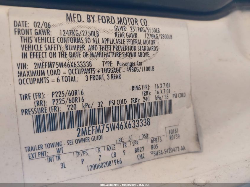 2006 Mercury Grand Marquis Ls VIN: 2MEFM75W46X633338 Lot: 43386996