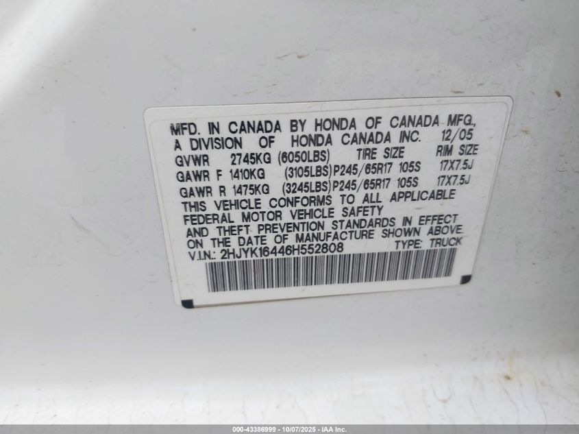 2006 Honda Ridgeline Rts VIN: 2HJYK16446H552808 Lot: 43386999