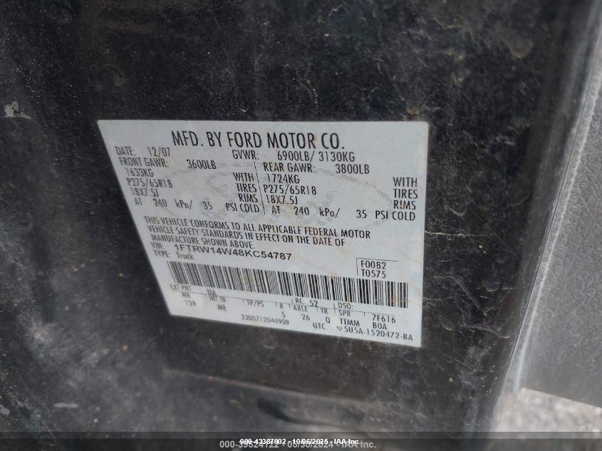 2008 Ford F-150 60Th Anniversary/Xl/Xlt VIN: 1FTRW14W48KC54787 Lot: 43387002