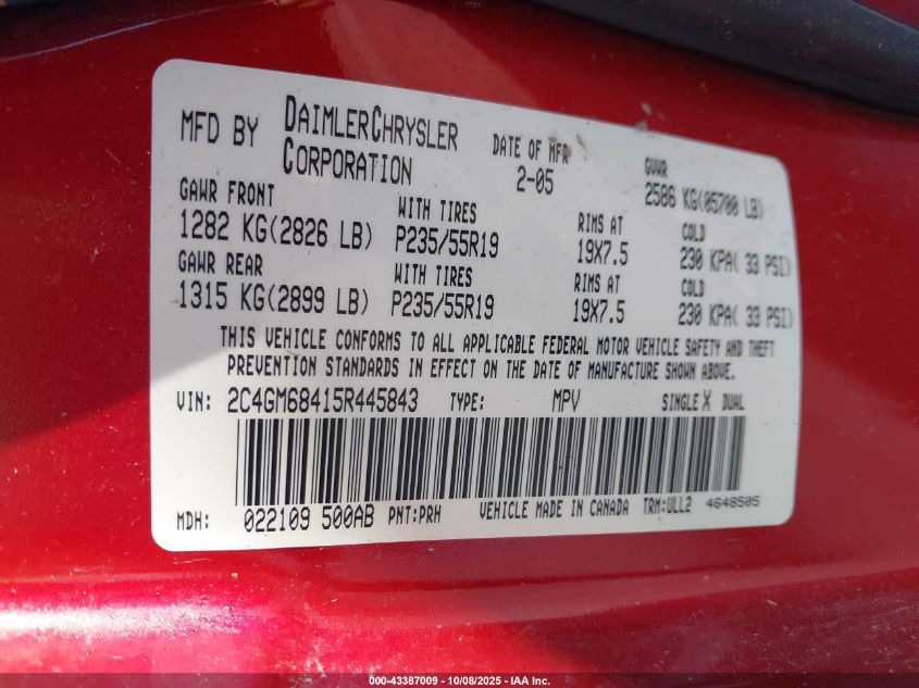 2005 Chrysler Pacifica Touring VIN: 2C4GM68415R445843 Lot: 43387009