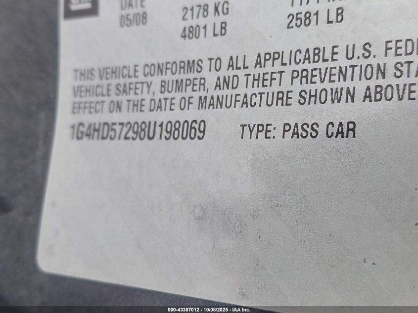 2008 Buick Lucerne Cxl VIN: 1G4HD57298U198069 Lot: 43387012