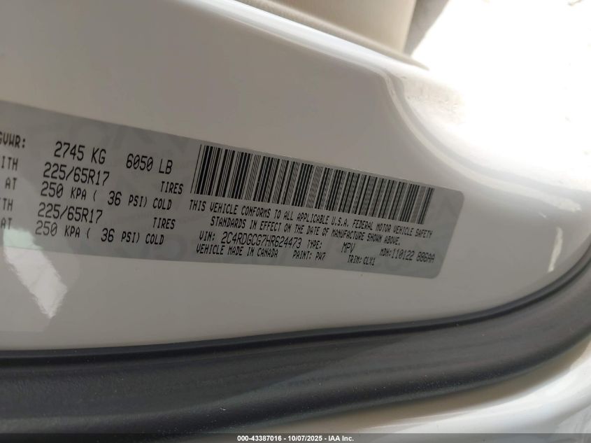 2017 Dodge Grand Caravan Sxt VIN: 2C4RDGCG7HR624473 Lot: 43387016