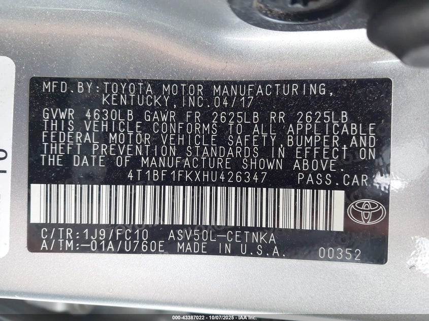 2017 Toyota Camry Le VIN: 4T1BF1FKXHU426347 Lot: 43387022