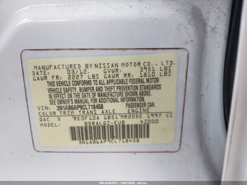 2012 Nissan Sentra 2.0 VIN: 3N1AB6AP9CL718458 Lot: 43387027