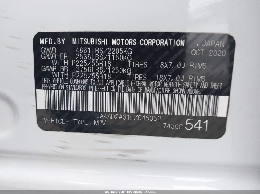 2020 Mitsubishi Outlander Es 2.4 VIN: JA4AD2A31LZ045052 Lot: 43387029