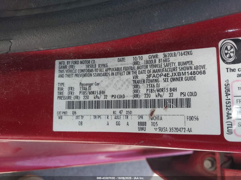 2011 Ford Fiesta Se VIN: 3FADP4EJXBM148068 Lot: 43387030