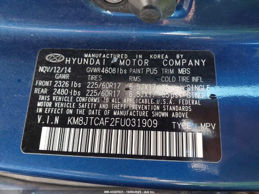 2015 Hyundai Tucson Gls VIN: KM8JTCAF2FU031909 Lot: 43387031