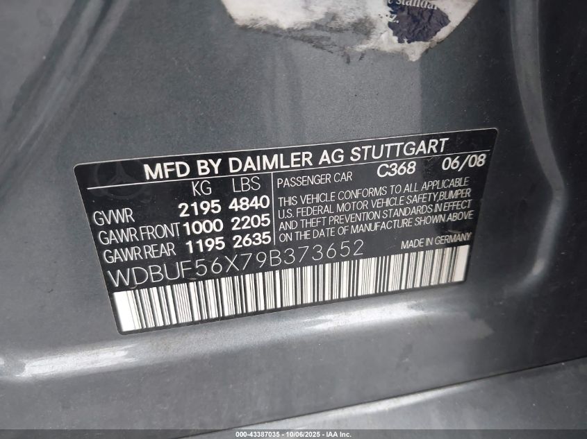 2009 Mercedes-Benz E 350 VIN: WDBUF56X79B373652 Lot: 43387035