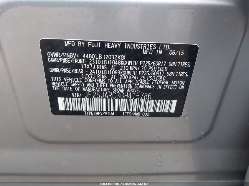 2016 Subaru Forester 2.5I Limited VIN: JF2SJARC3GH415786 Lot: 43387038