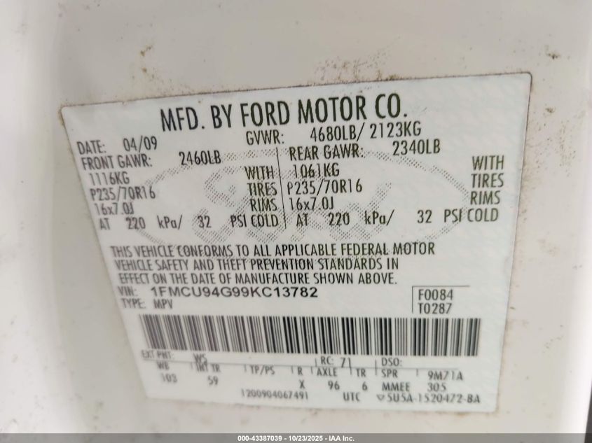 2009 Ford Escape Limited VIN: 1FMCU94G99KC13782 Lot: 43387039