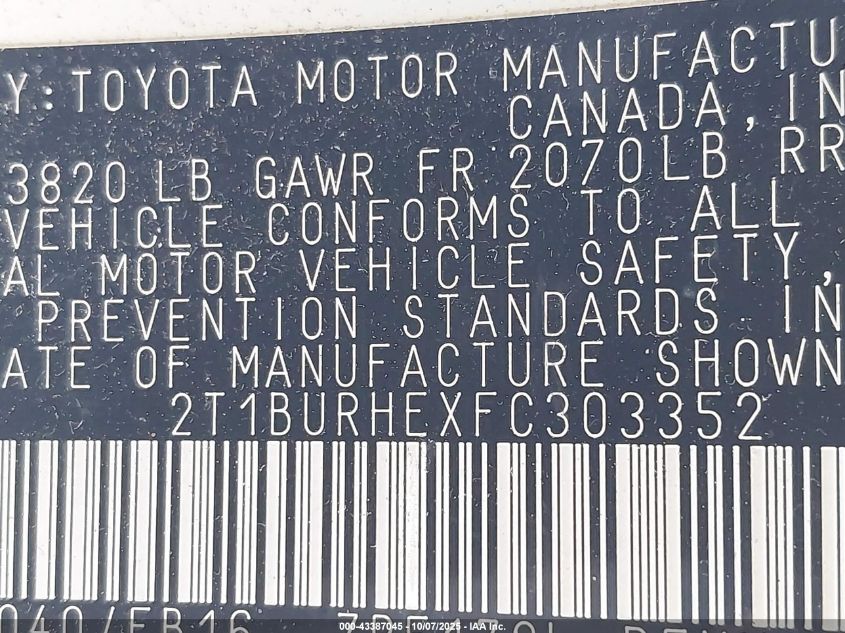 2015 Toyota Corolla Le VIN: 2T1BURHEXFC303352 Lot: 43387045