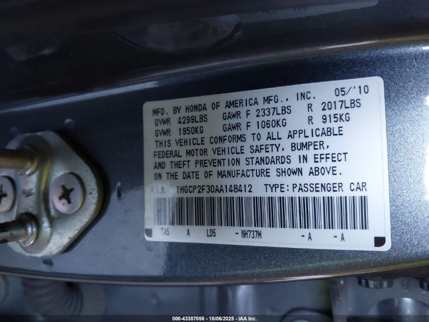 2010 Honda Accord 2.4 Lx VIN: 1HGCP2F30AA148412 Lot: 43387056