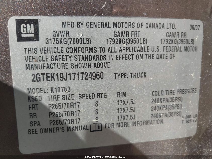 2007 GMC Sierra 1500 Sle1 VIN: 2GTEK19J171724960 Lot: 43387071