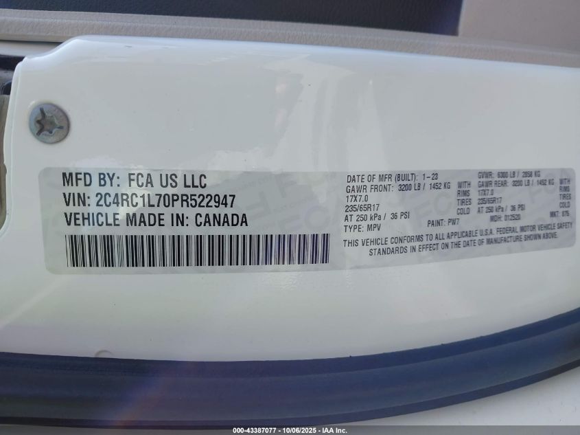 2023 Chrysler Pacifica Hybrid Touring L VIN: 2C4RC1L70PR522947 Lot: 43387077