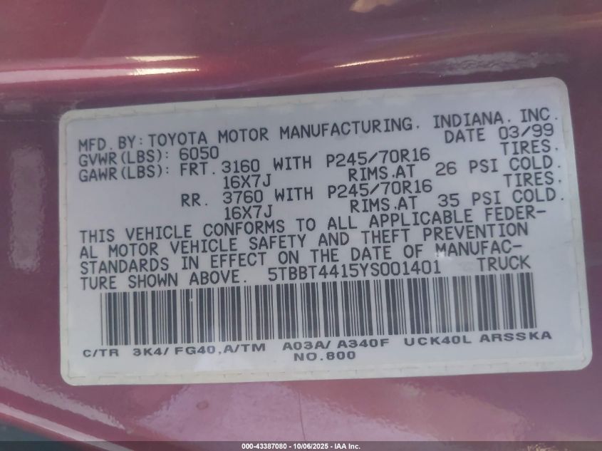 2000 Toyota Tundra Sr5 V8 VIN: 5TBBT4415YS001401 Lot: 43387080