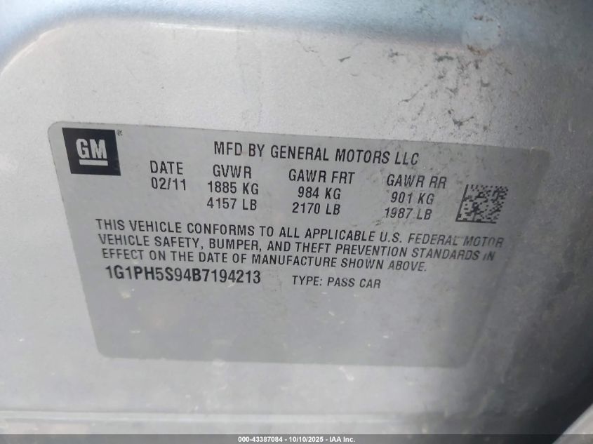 2011 Chevrolet Cruze Ltz VIN: 1G1PH5S94B7194213 Lot: 43387084