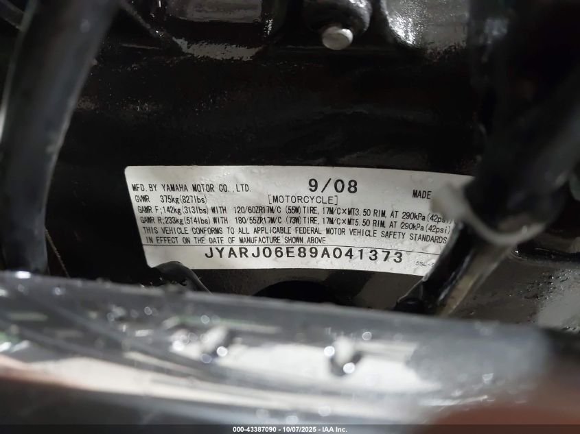 2009 Yamaha Yzfr6 S VIN: JYARJ06E89A041373 Lot: 43387090