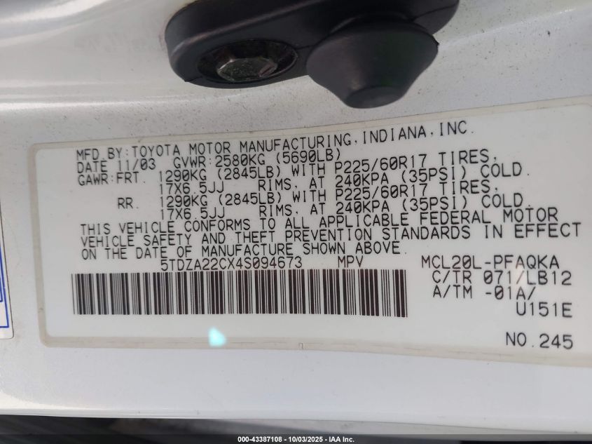 2004 Toyota Sienna Xle VIN: 5TDZA22CX4S094673 Lot: 43387108