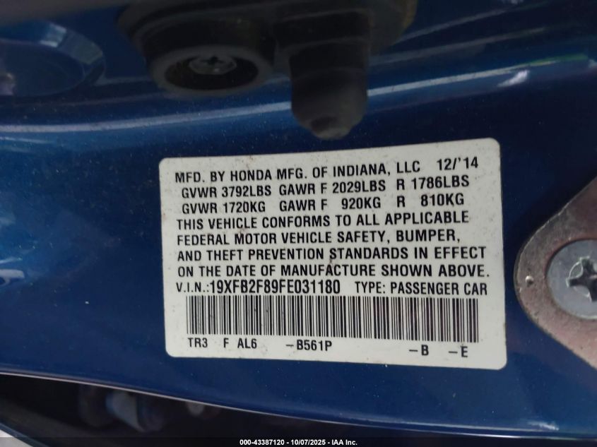 2015 Honda Civic Ex VIN: 19XFB2F89FE031180 Lot: 43387120