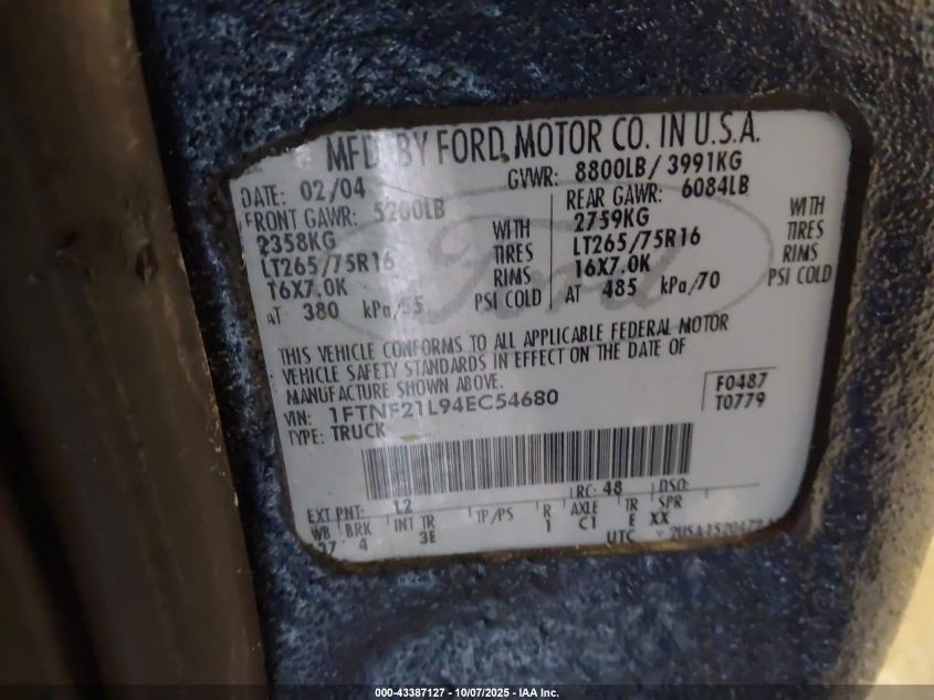 2004 Ford F-250 Xl/Xlt VIN: 1FTNF21L94EC54680 Lot: 43387127