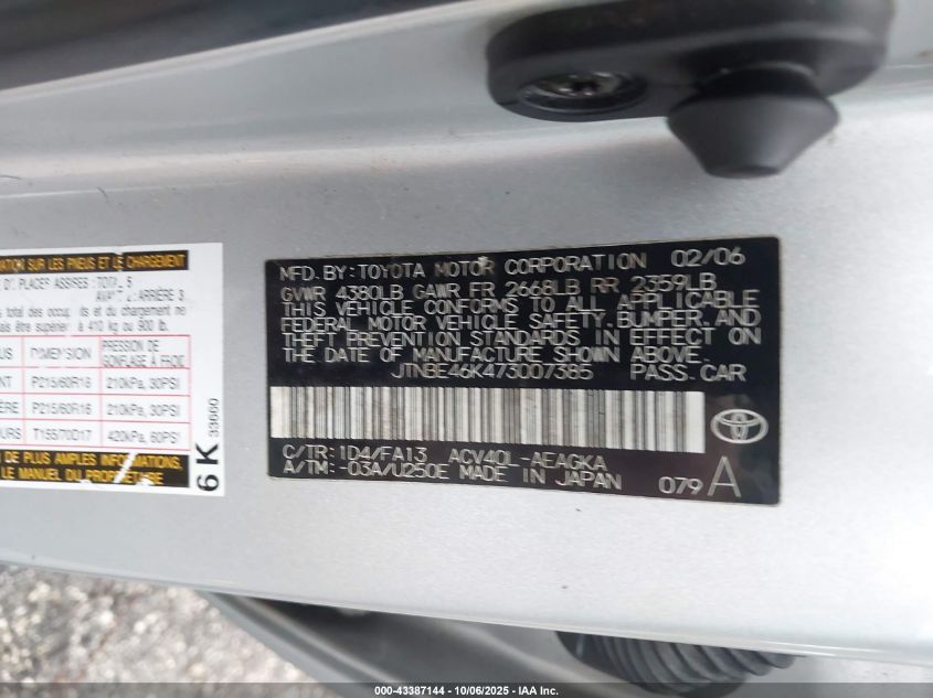 2007 Toyota Camry Xle VIN: JTNBE46K473007385 Lot: 43387144