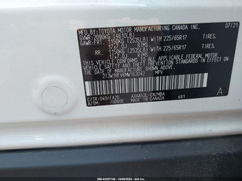 2021 Toyota Rav4 Xle VIN: 2T3W1RFV6MW163042 Lot: 43387148