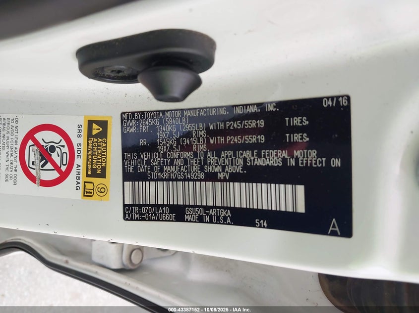 2016 TOYOTA HIGHLANDER LIMITED V6 5TDYKRFH7GS149298