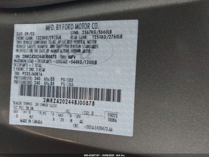 2004 Mercury Monterey VIN: 2MRZA20244BJ00878 Lot: 43387157