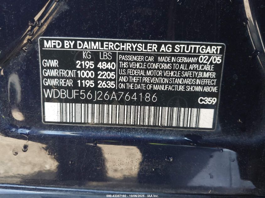 2006 Mercedes-Benz E 350 VIN: WDBUF56J26A764186 Lot: 43387160