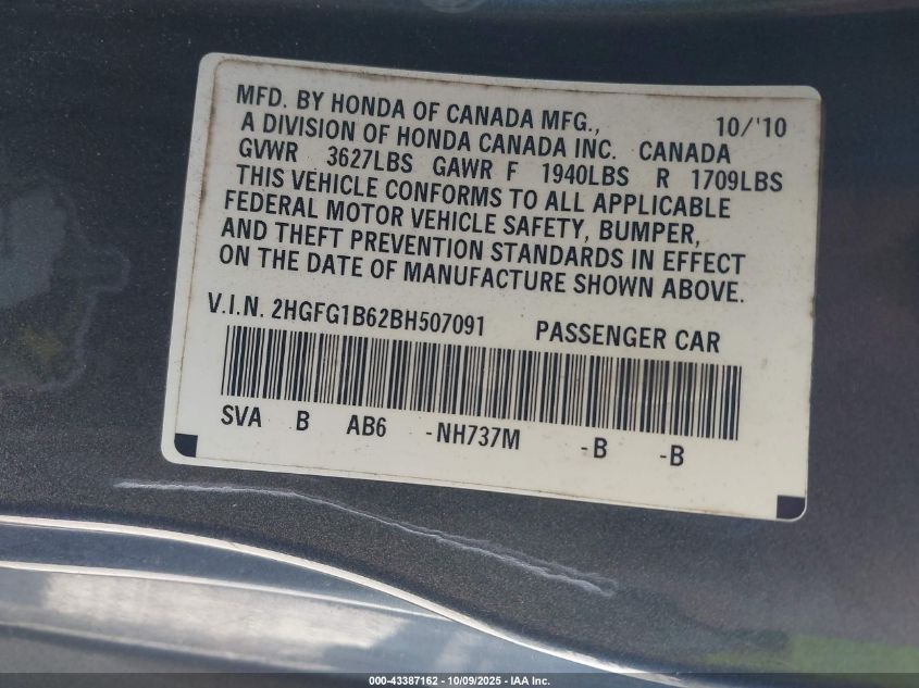 2011 Honda Civic Lx VIN: 2HGFG1B62BGH50709 Lot: 43387162