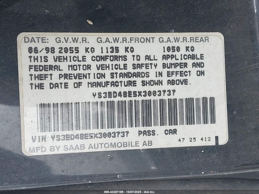 1999 Saab 9-5 VIN: YS3ED48E5X3003737 Lot: 43387169